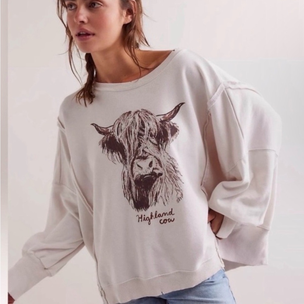 Free People Cream Highland Cow Sweatshirt